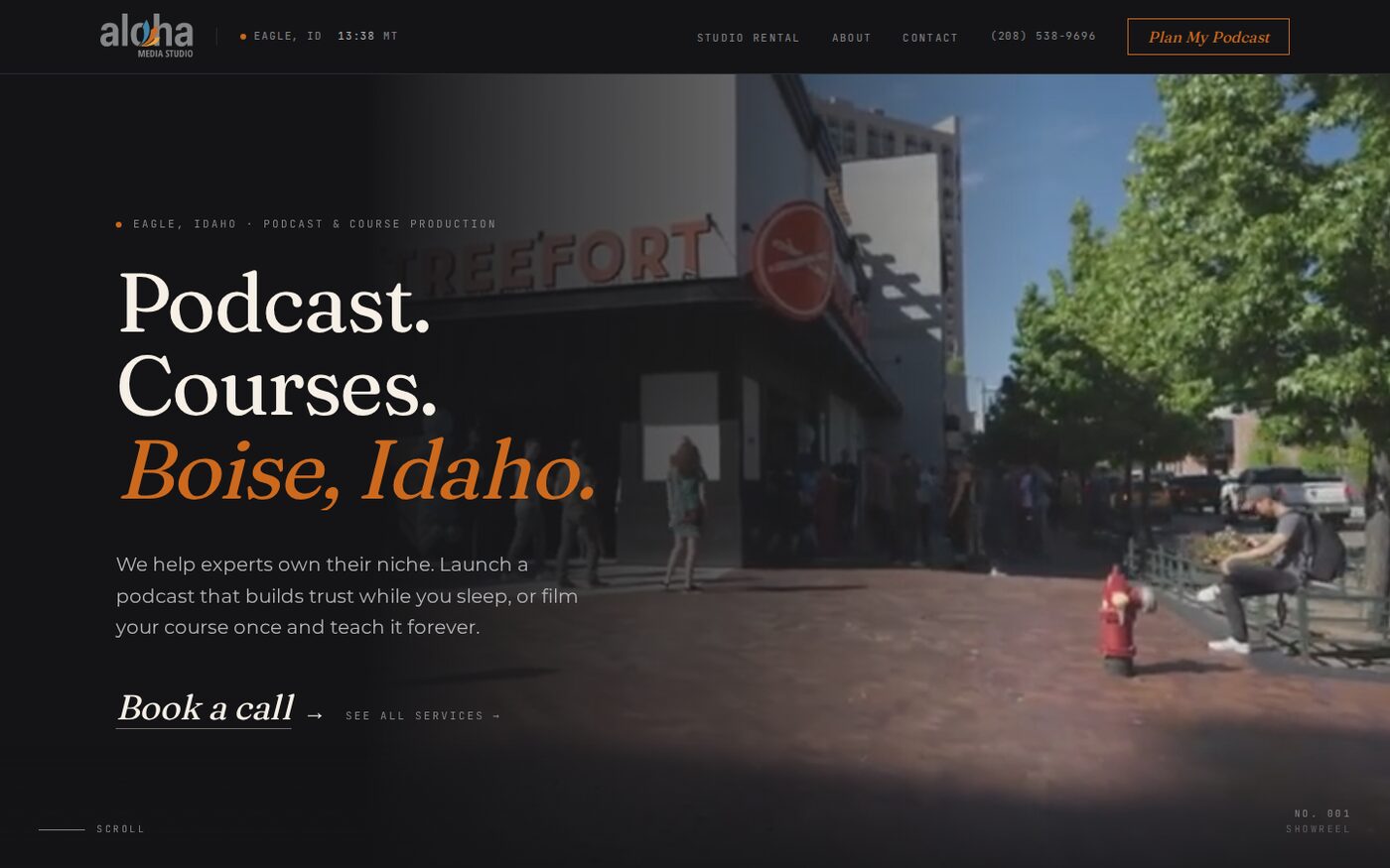 Aloha Media Studio website homepage. Cinematic dark hero for the Eagle, Idaho production studio.