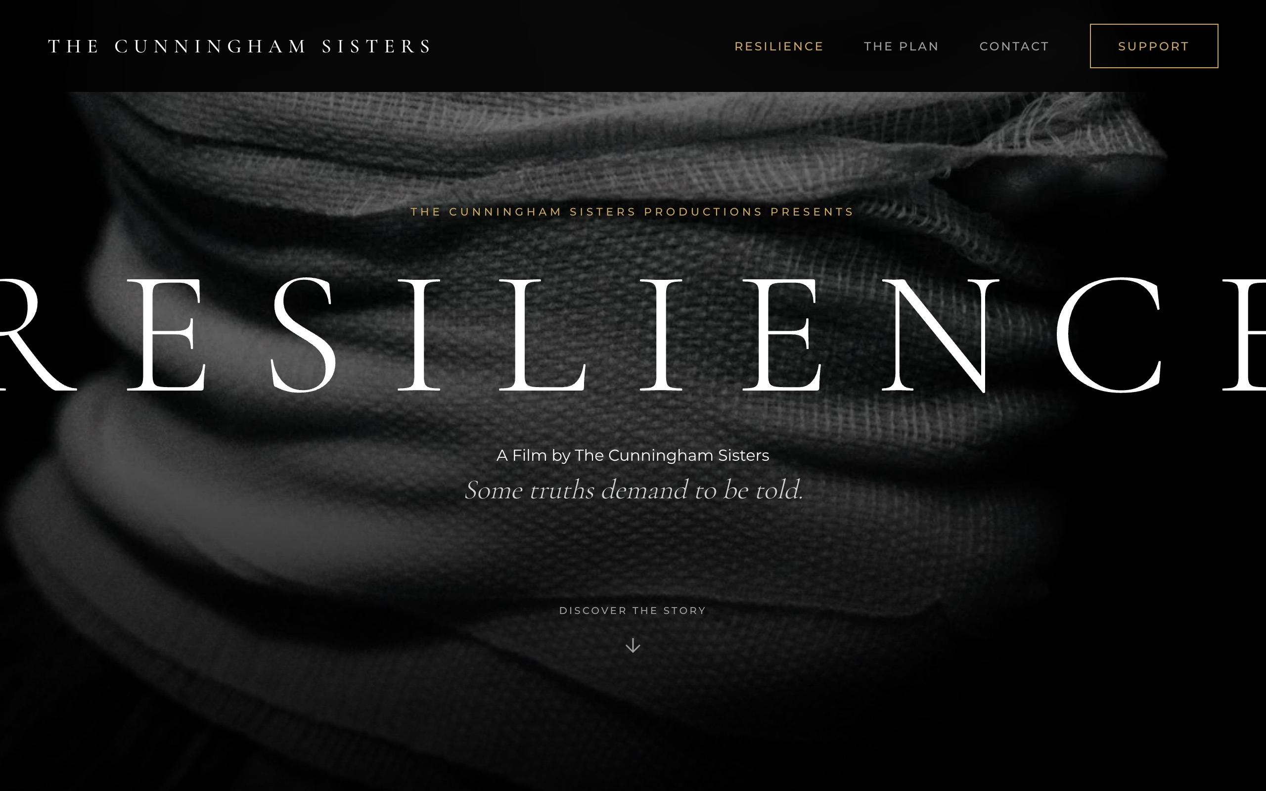 Cunningham Sisters Productions website homepage. Cinematic dark theme featuring their 2025 feature film Resilience.