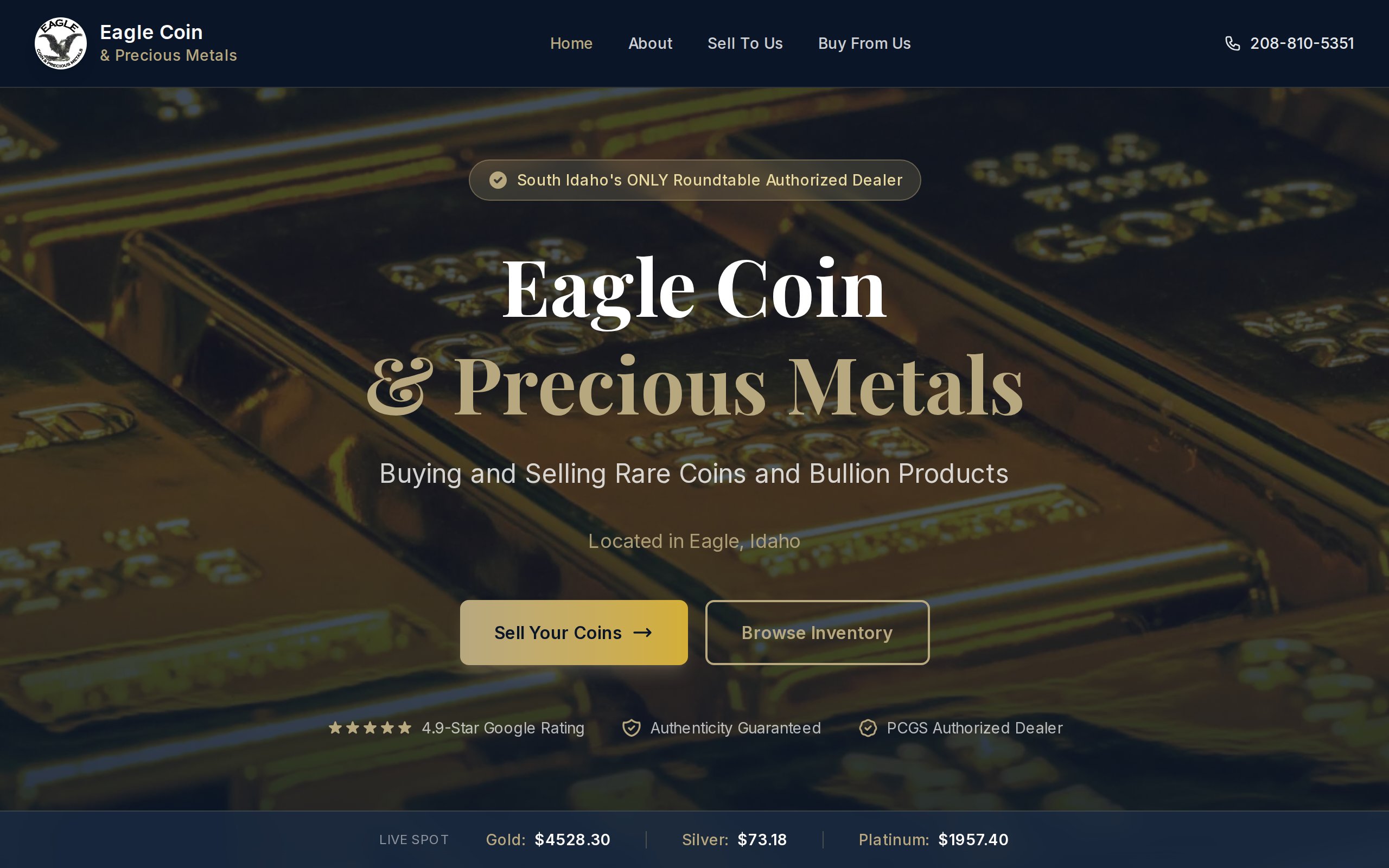 Eagle Coin and Precious Metals website homepage. Dark navy header over a gold bullion hero image.